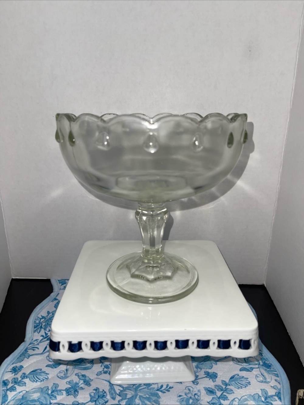 VTG INDIANA GLASS Clear Teardrop Scalloped Pedestal Compote Candy Fruit Bowl 7.5